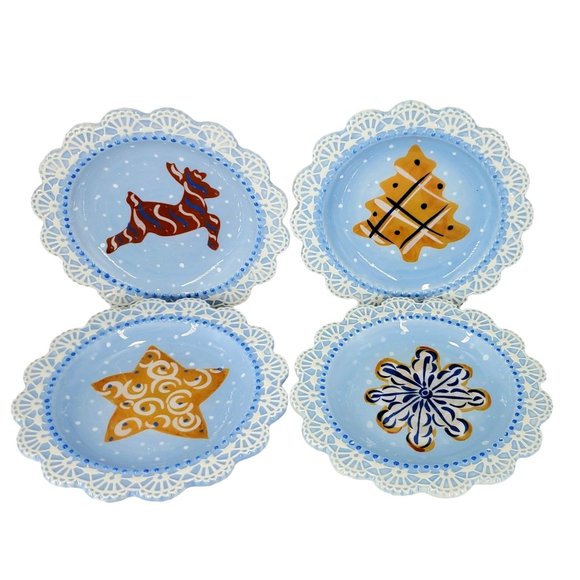 Paula Dean Set/4 Sugar Cookie "Suite" Dessert Plates Scalloped Hand Painted Holi - Picture 2 of 11